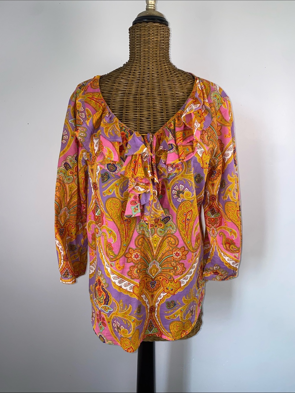 Bohemian Paisley Ruffle-Neck Women’s Top in Pink and Purple